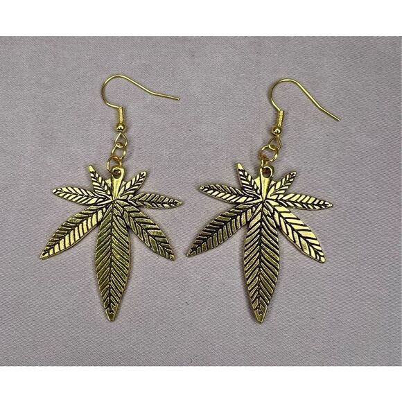 Handmade Gold Large Pot Leaf Dangly Earrings With Black Detailing - Picture 2 of 3